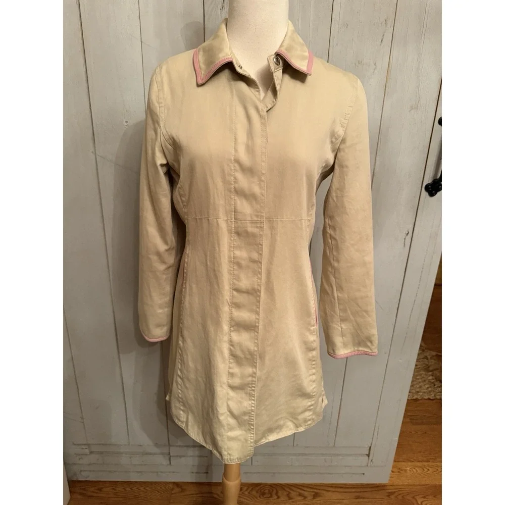 Coach Leatherware Rain Trench Coat Women's Size 4 Tan‎ & Pink Trim Cotton Lined